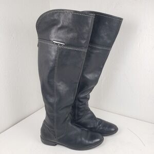 Tamaris Boots Black Leather Over The Knee Flat Riding Full Back Zip Lined Sz 38